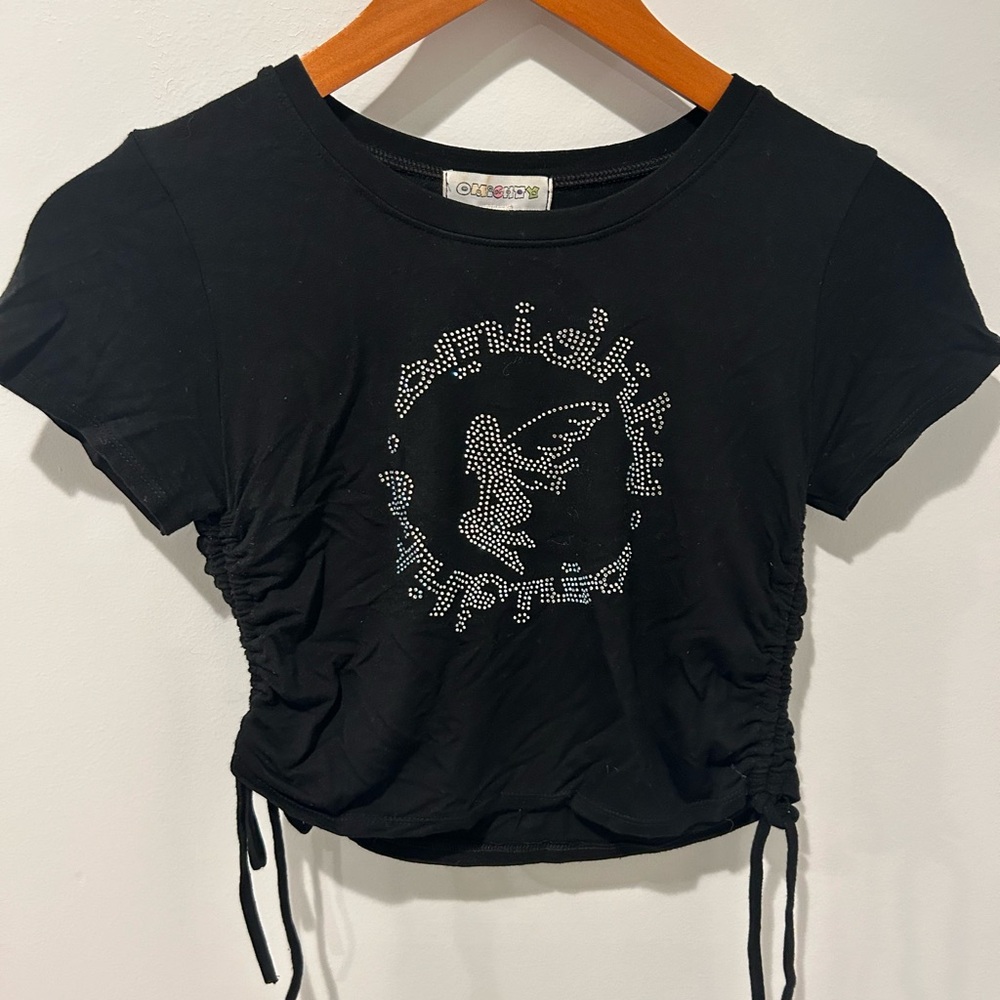 Omighty Black Crop Top with Rhinestone Graphic